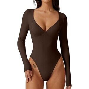 Long Sleeve Bodysuit V Neck Body Suits Seamed Cup Going Out Tops Shirt
